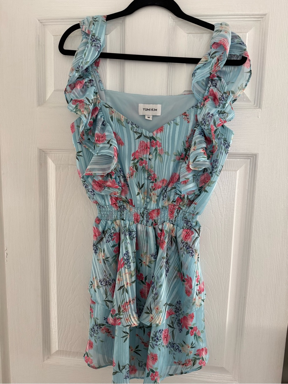 Yumi Kim Blue Floral Ruffle Mini Dress Size M